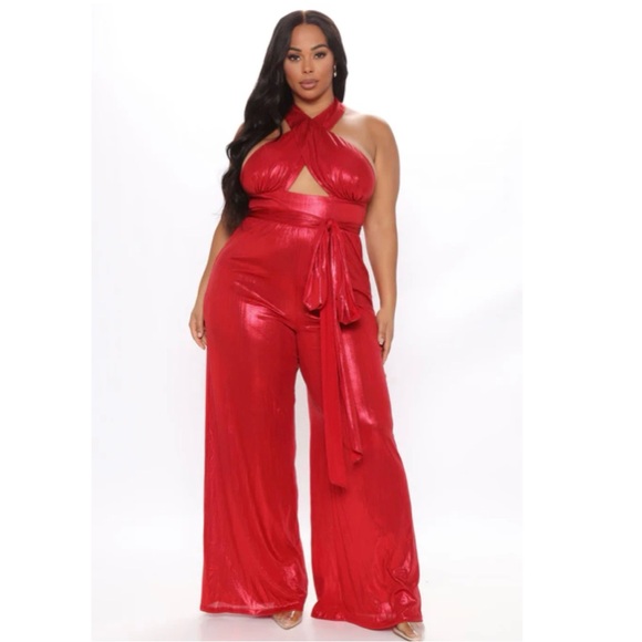 Fashion Nova Pants - Fashion Nova Red Glitter and Glamour Jumpsuit 3X Plus Size Fashion Halter Top